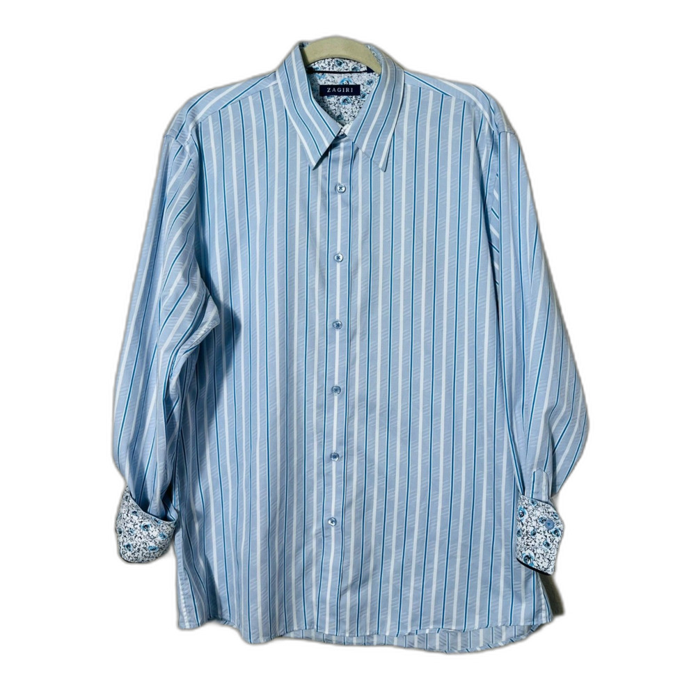 Zagiri Flip Cuff Blue Striped Button Down Long Sleeved Shirt Large EUC